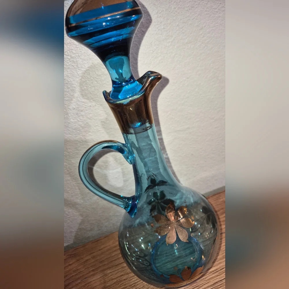 Wine Decanter Bohemian Glass Hungarian Teal Gold Leaf Vintage - Picture 4 of 5